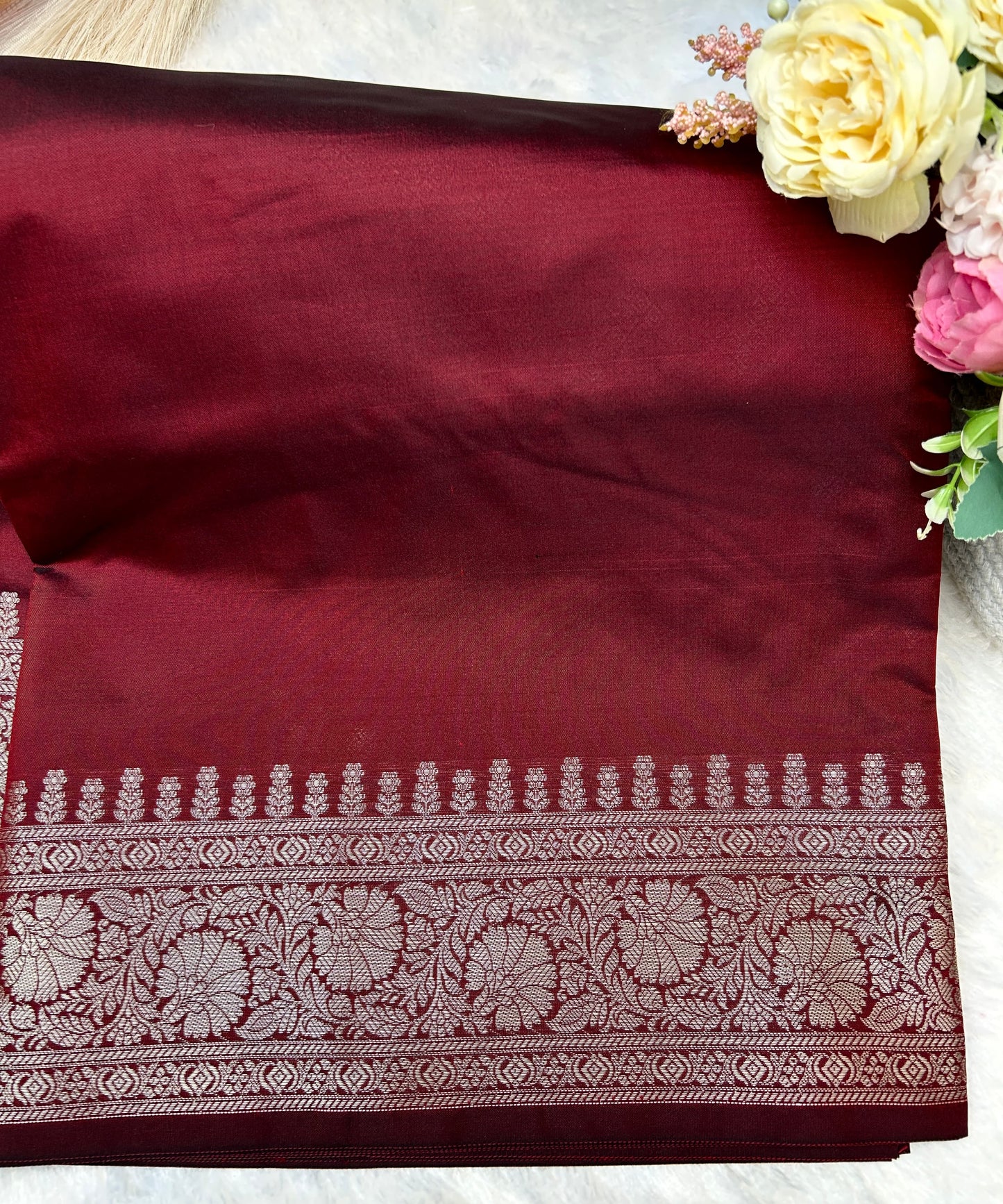 Maroon silver zari katan banarasi silk saree Niaura