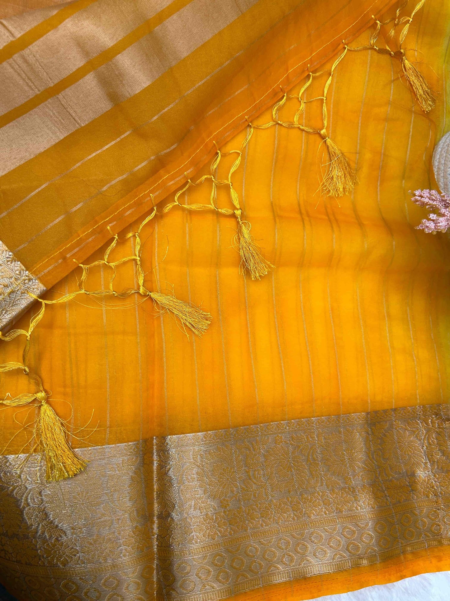 Yellow with orange organza banarasi silk saree Niaura