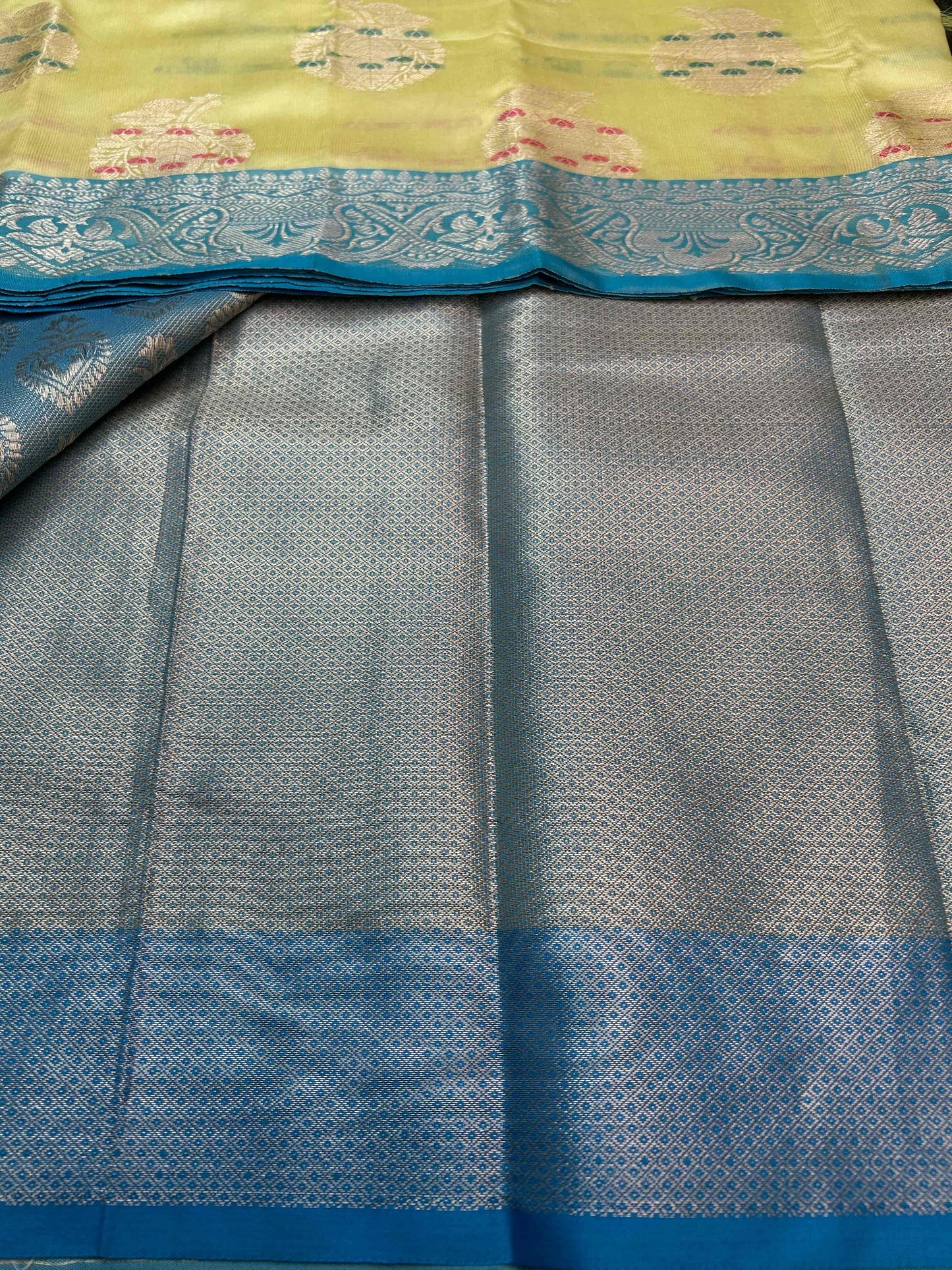 Pastel green with blue boarder katan banarasi silk saree Niaura