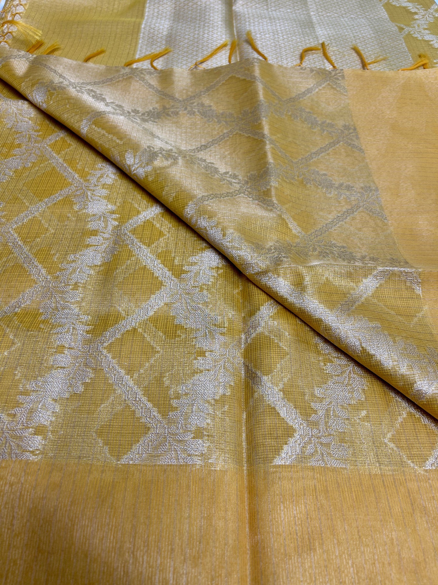 Yellow silver zari kota tissue banarasi silk saree Niaura