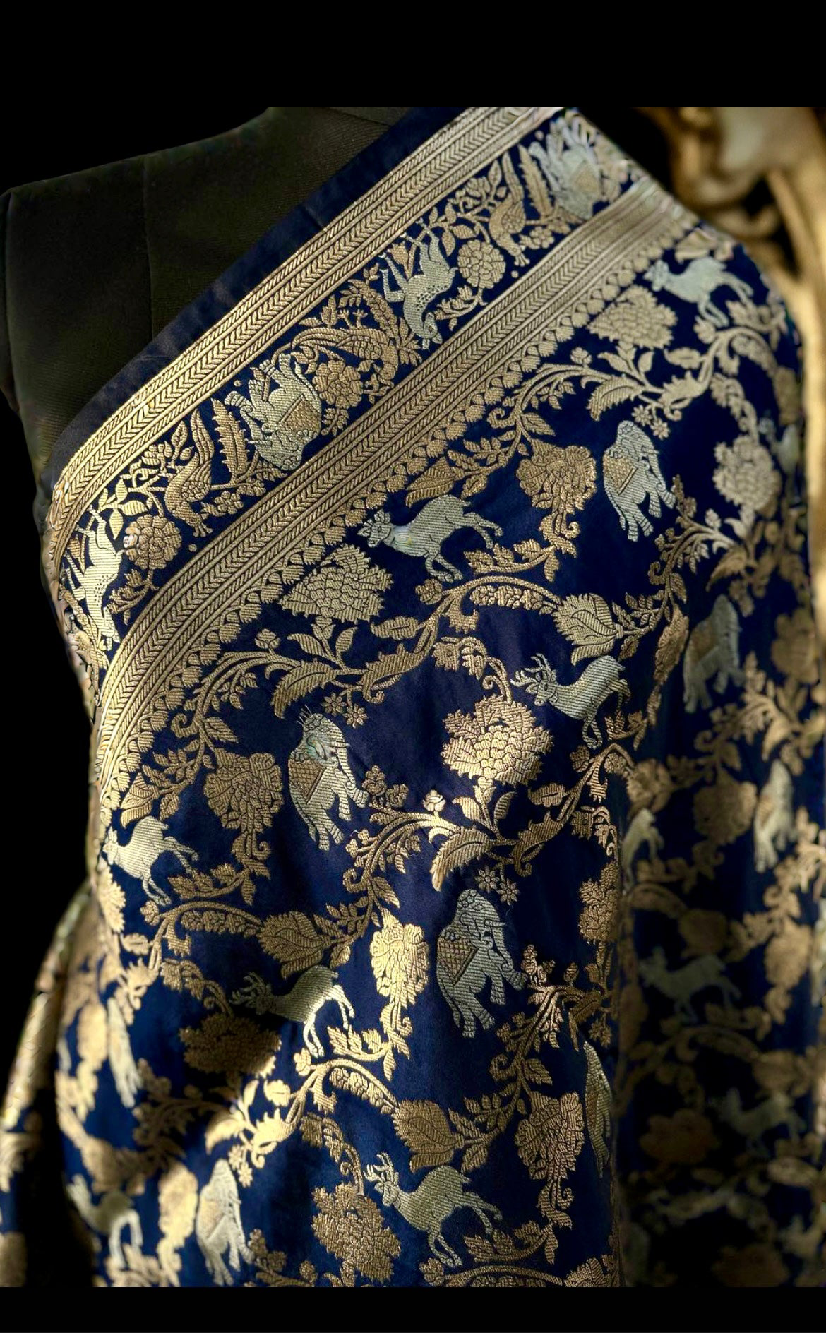 Blue animal design katan banarasi silk saree Niaura