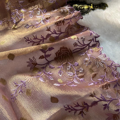 Ethereal Lavender Gold Banarasi Crush Tissue Floral Saree
