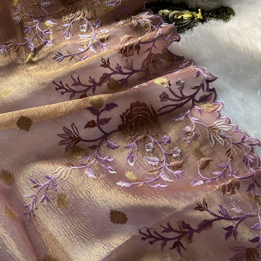 Ethereal Lavender Gold Banarasi Crush Tissue Floral Saree