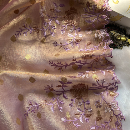 Ethereal Lavender Gold Banarasi Crush Tissue Floral Saree