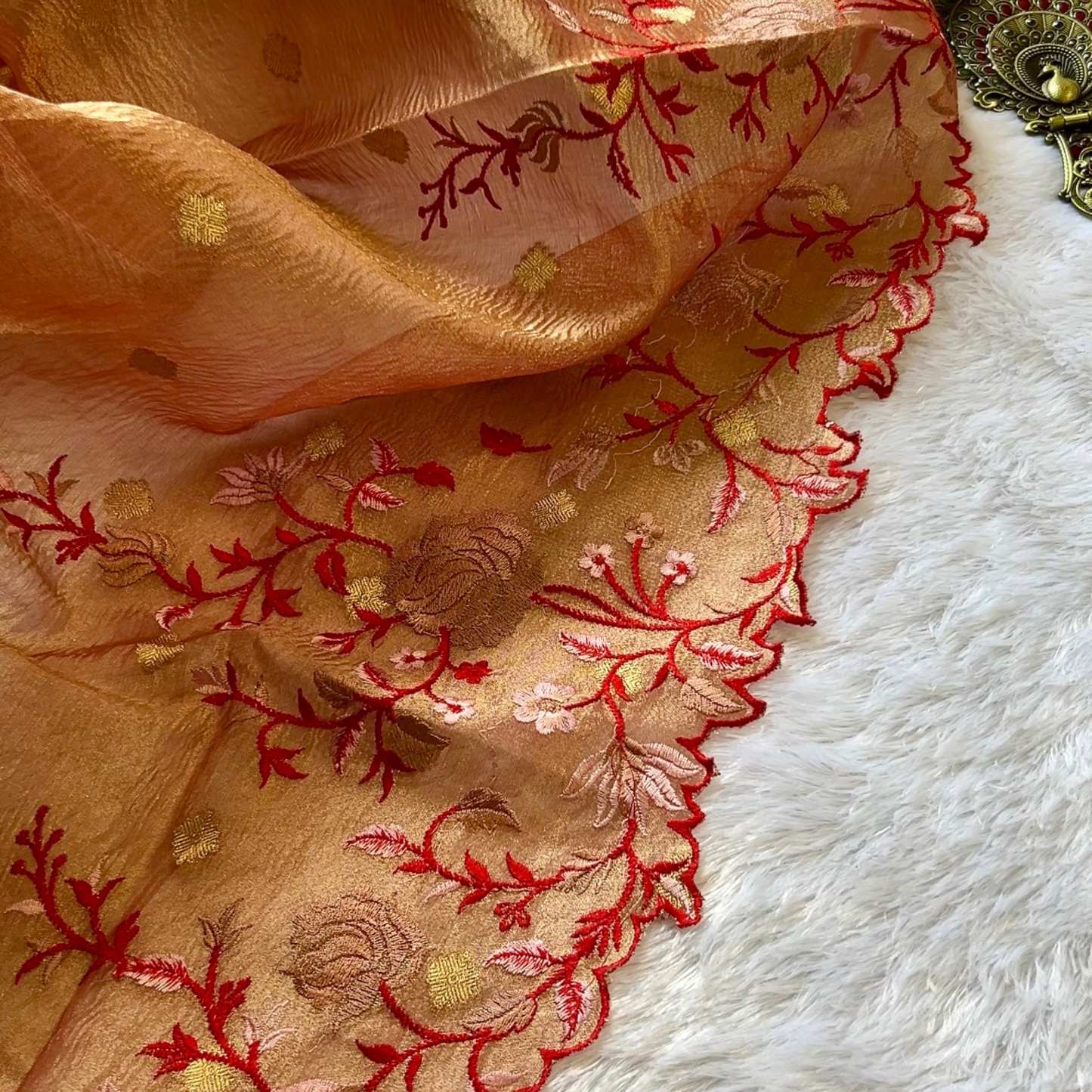 Golden Glory Banarasi Crush Tissue Floral Saree