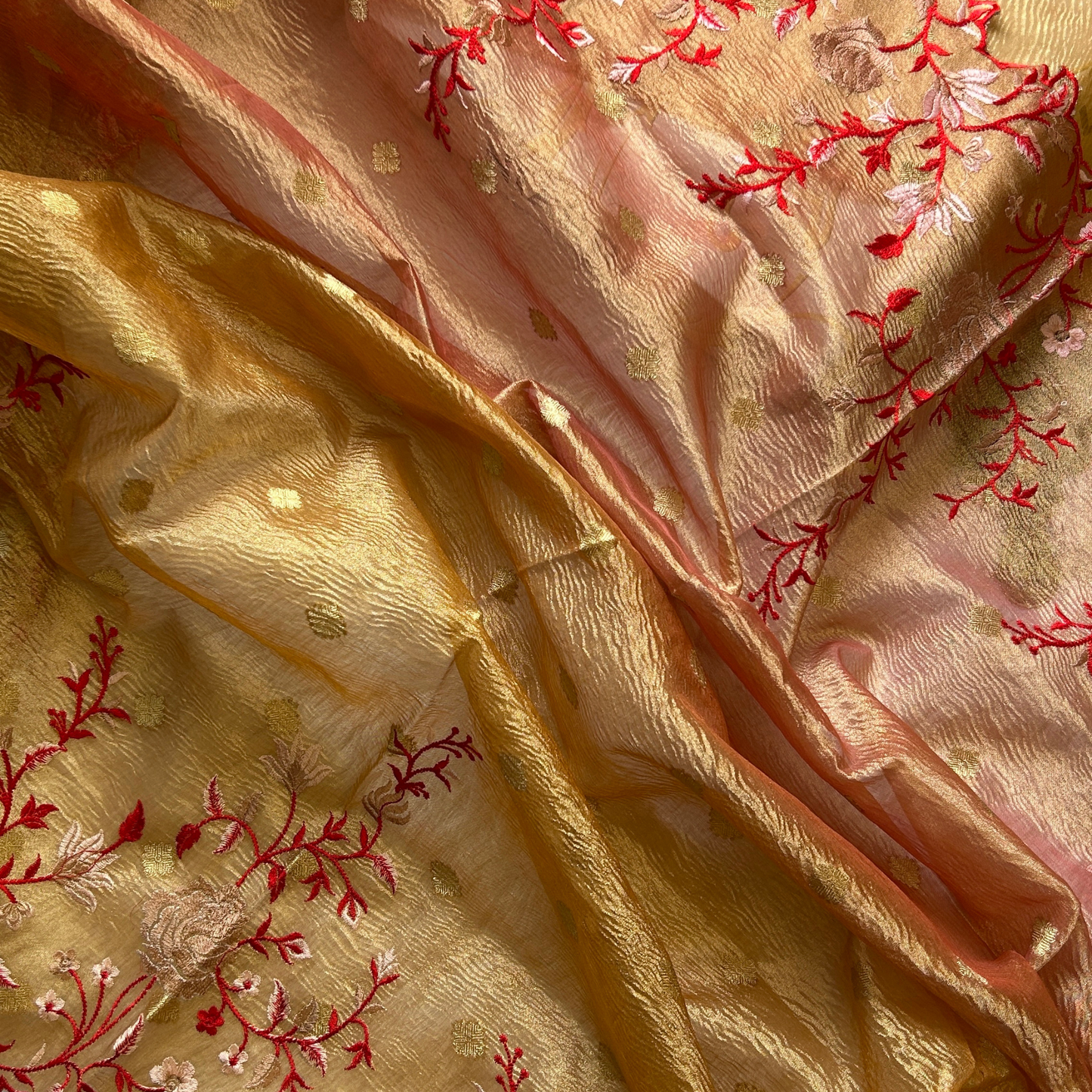 Golden Glory Banarasi Crush Tissue Floral Saree