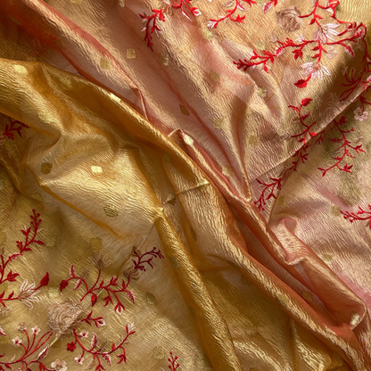 Golden Glory Banarasi Crush Tissue Floral Saree