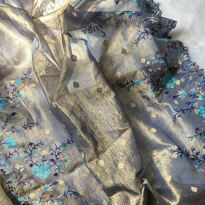 Moonlit Blue Banarasi Crush Tissue Floral Saree