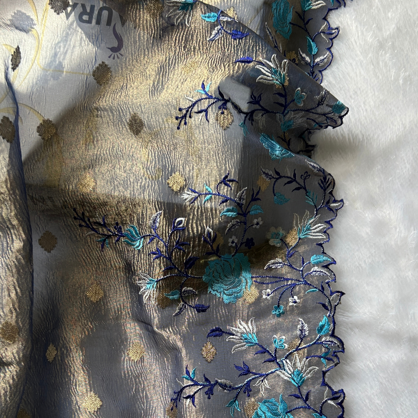 Moonlit Blue Banarasi Crush Tissue Floral Saree