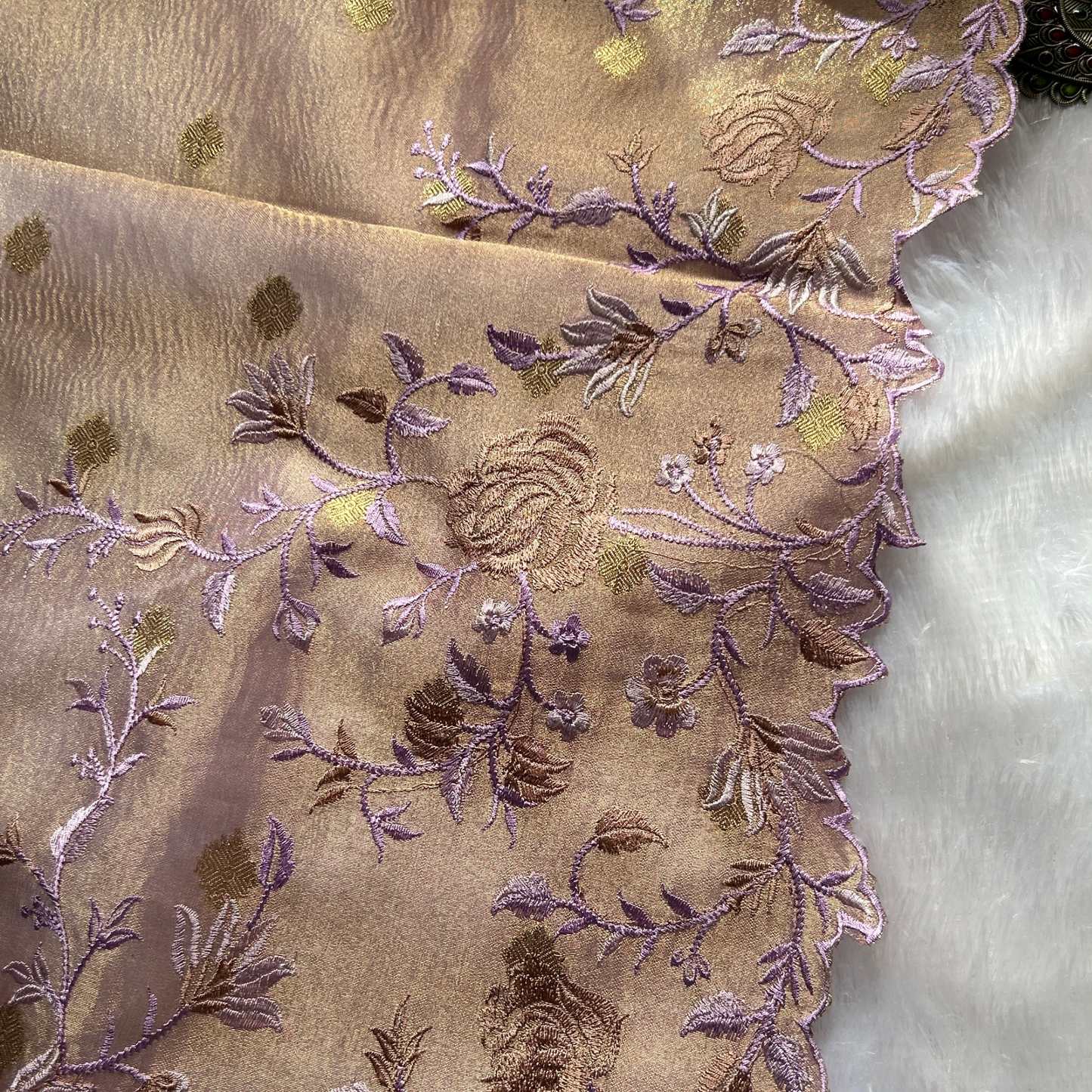 Ethereal Lavender Gold Banarasi Crush Tissue Floral Saree