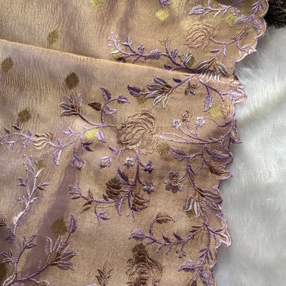 Ethereal Lavender Gold Banarasi Crush Tissue Floral Saree