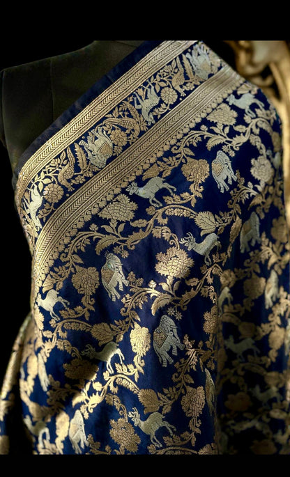 Blue animal design katan banarasi silk saree Niaura