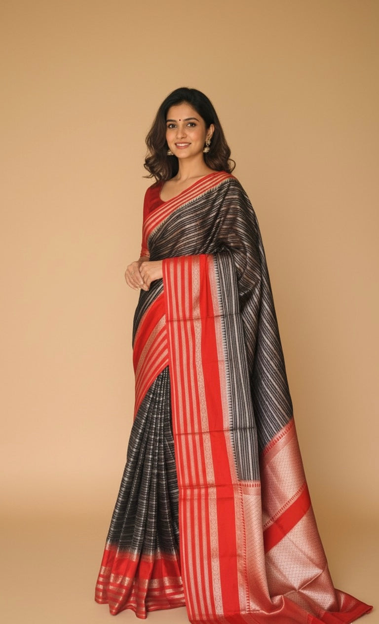 Aaradhya Dupion Silk Saree Black & Crimson BSA135 Niaura
