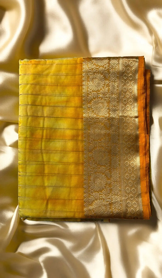 Yellow with orange organza banarasi silk saree Niaura