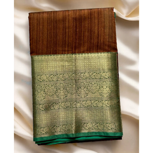 Brown and green tusser banarasi silk saree Niaura