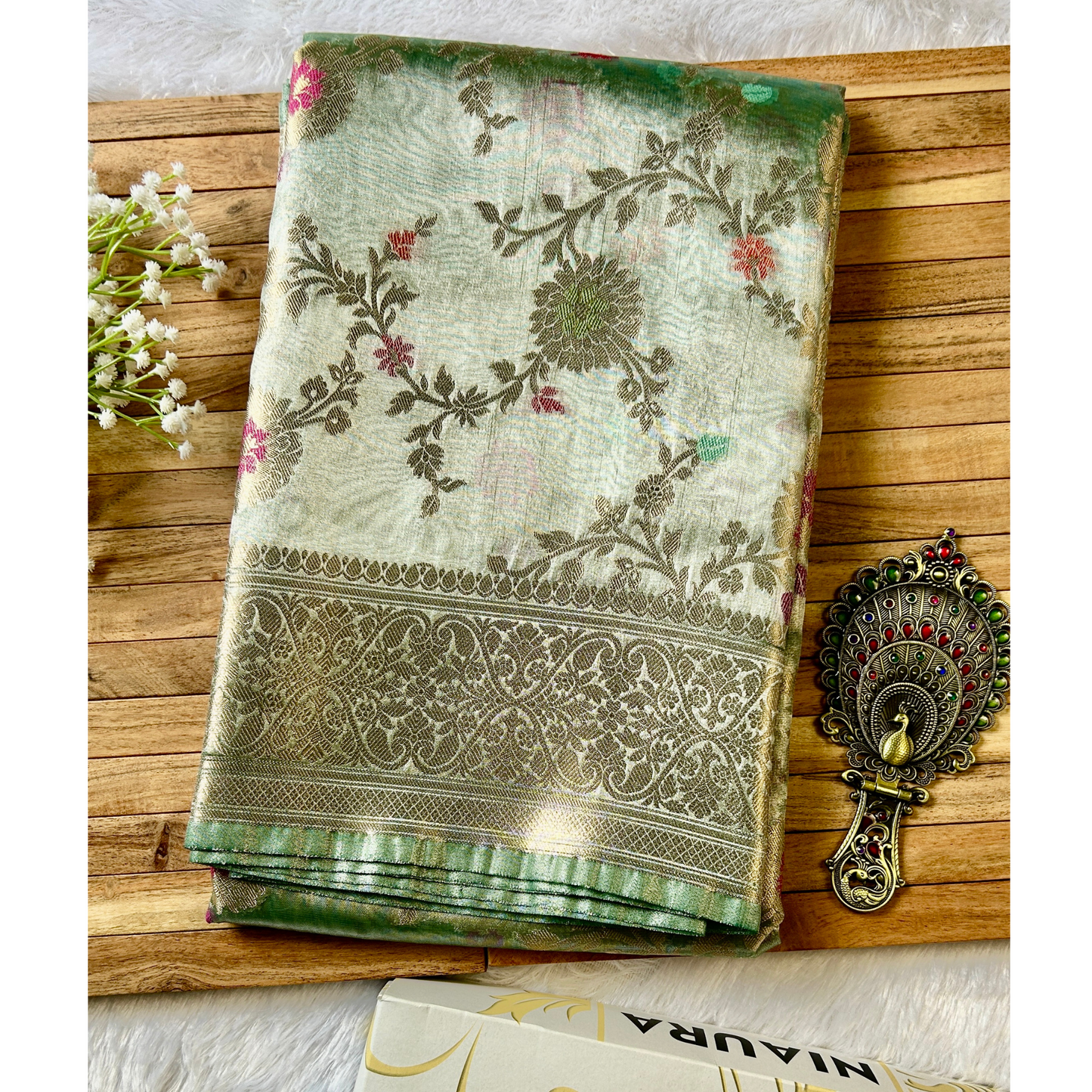 Pastel green tissue with jaal zari meenakari banarasi silk saree Niaura