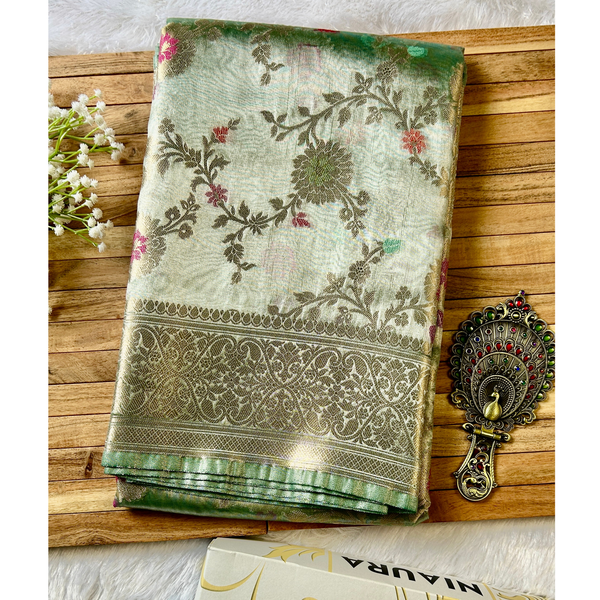 Pastel green tissue with jaal zari meenakari banarasi silk saree Niaura