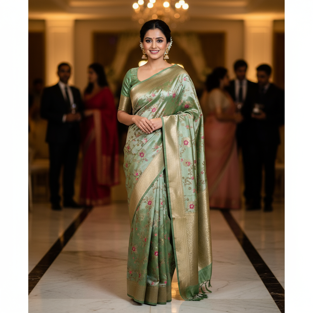 Pastel green tissue with jaal zari meenakari banarasi silk saree Niaura