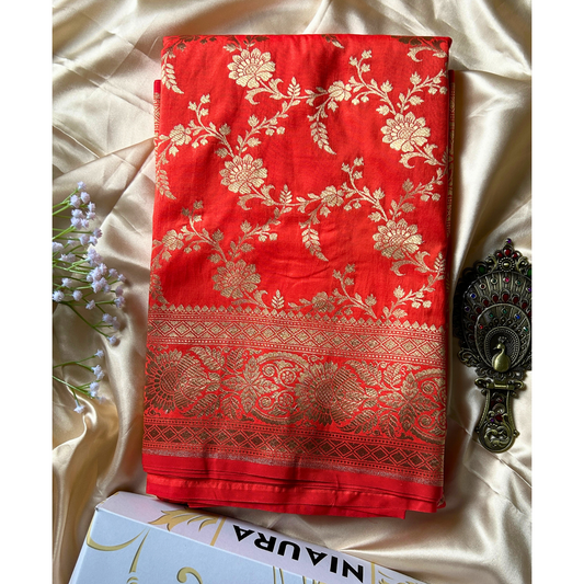 Vermilion Red Premium katan banarasi silk saree Niaura