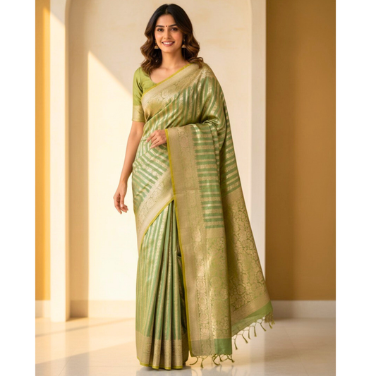 Green strips katan banarasi silk saree Niaura