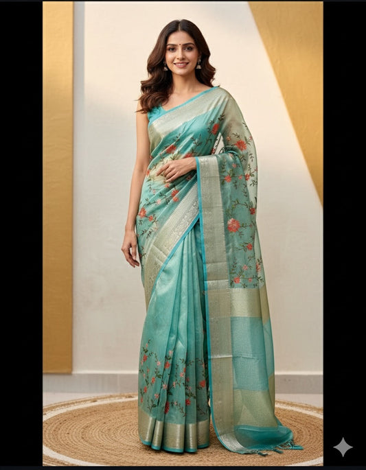 Teal Tissue Saree with Floral Threadwork Niaura