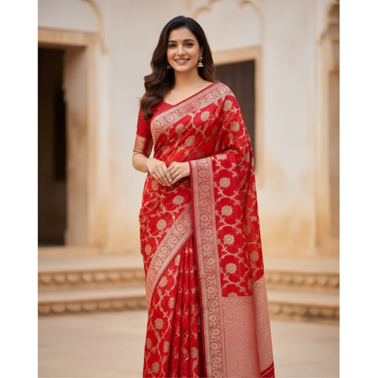 Red jaal design banarasi soft silk saree Niaura