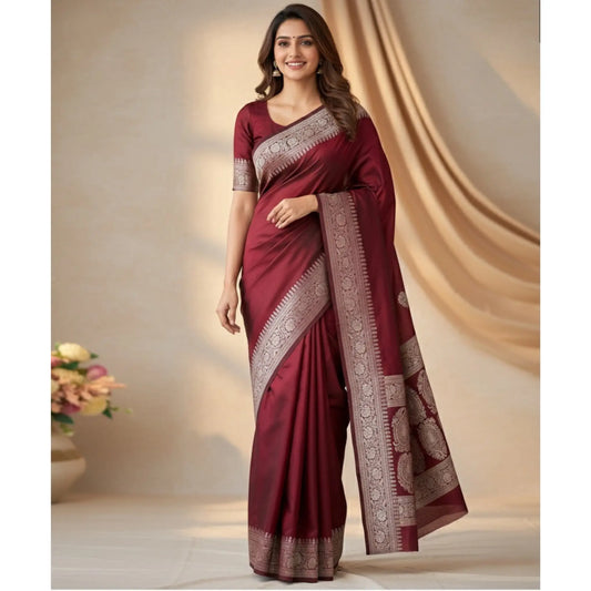Maroon silver zari katan banarasi silk saree Niaura
