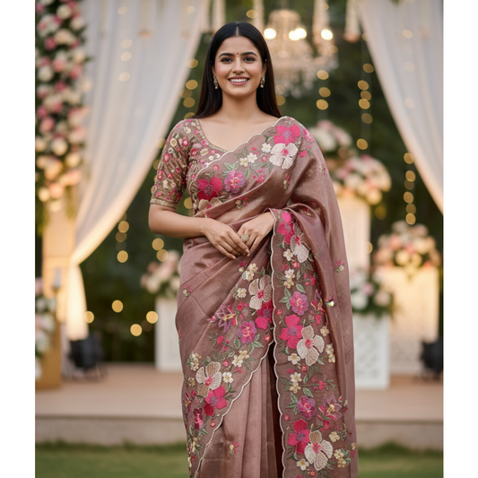 Copper Tissue with Threadwork Border Banarasi Silk Saree Niaura
