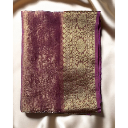 Purple gold boarder crush tissue banarasi silk saree Niaura