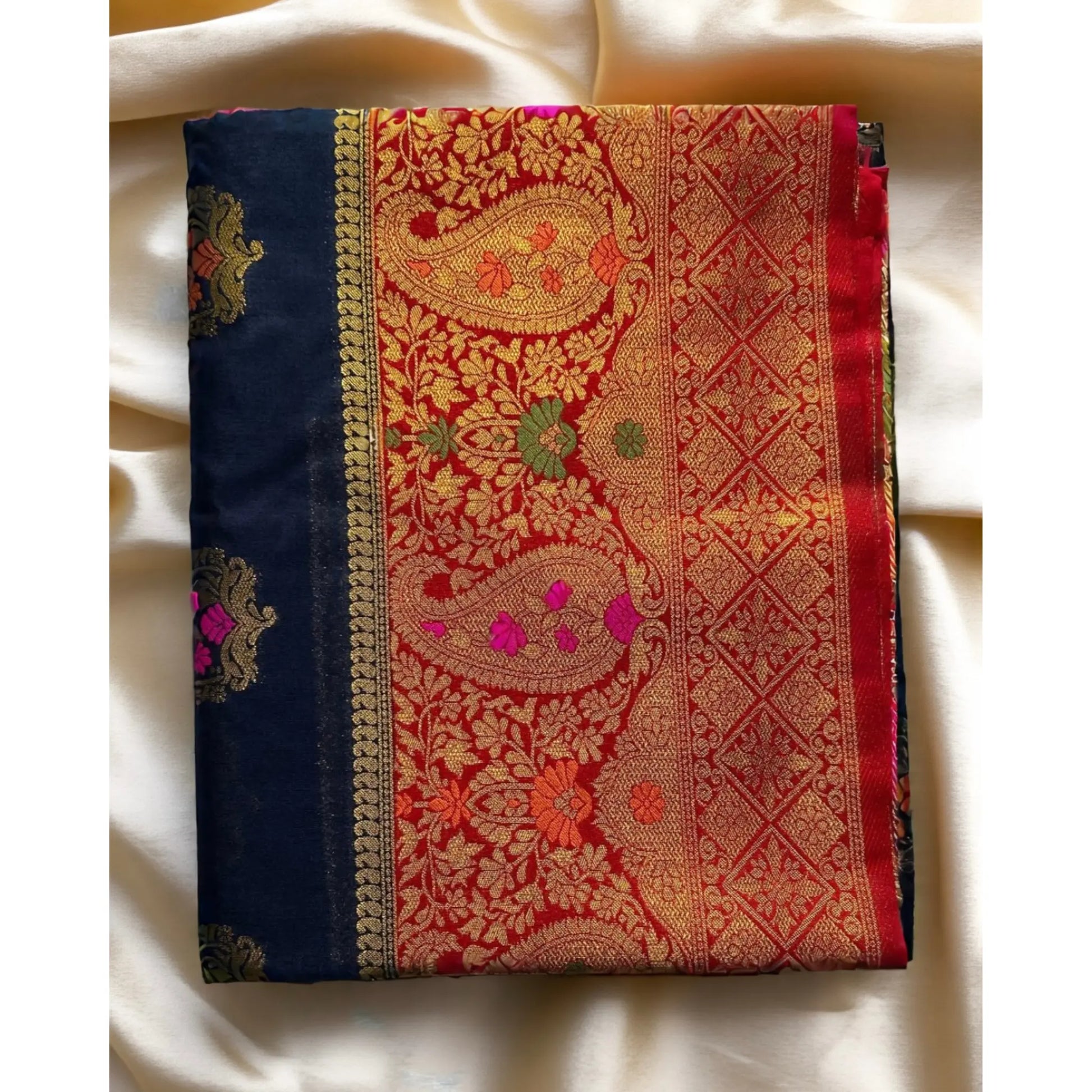 Navy blue with red boarder raw mango banarasi silk saree Niaura