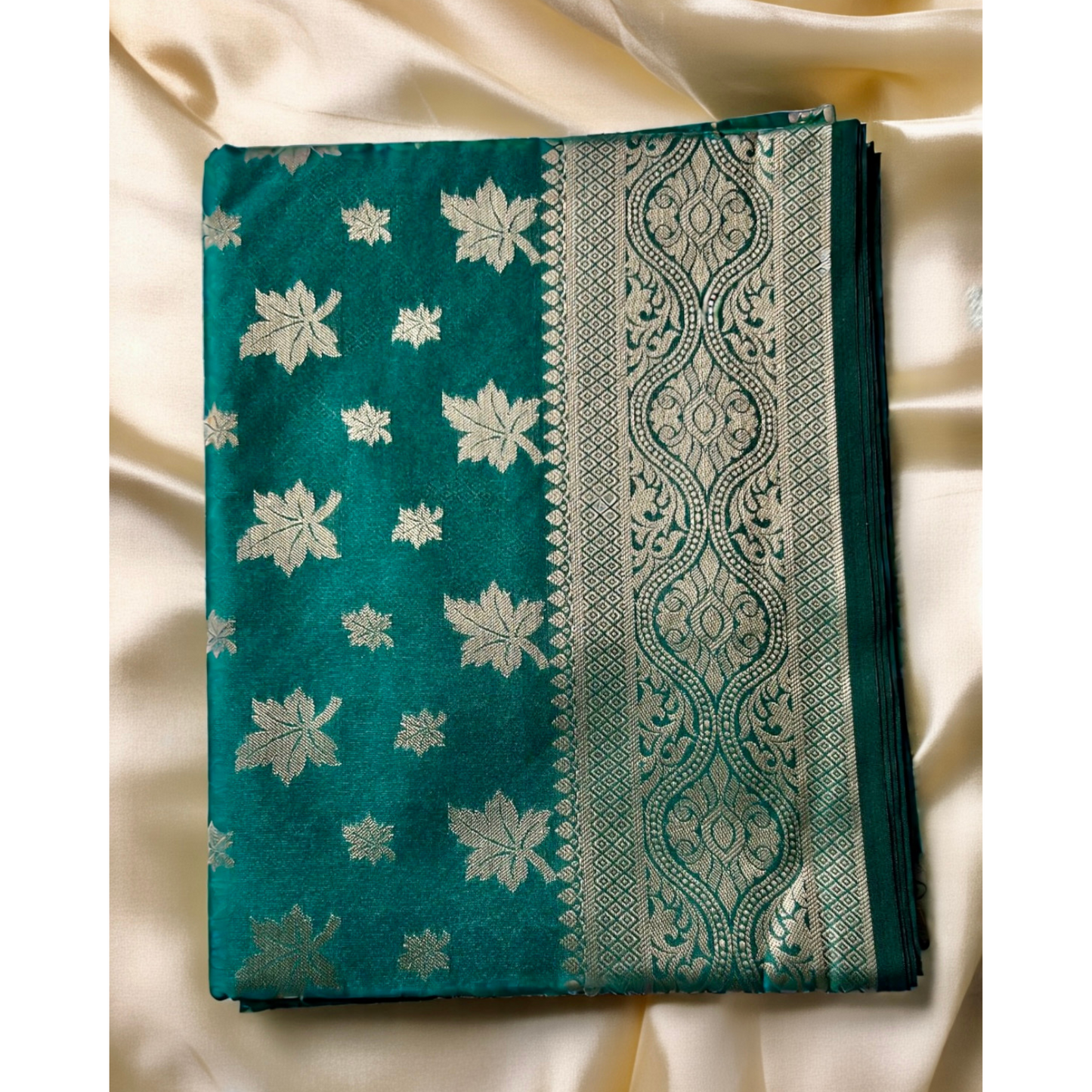 Green leaf motifs banarasi soft silk saree Niaura