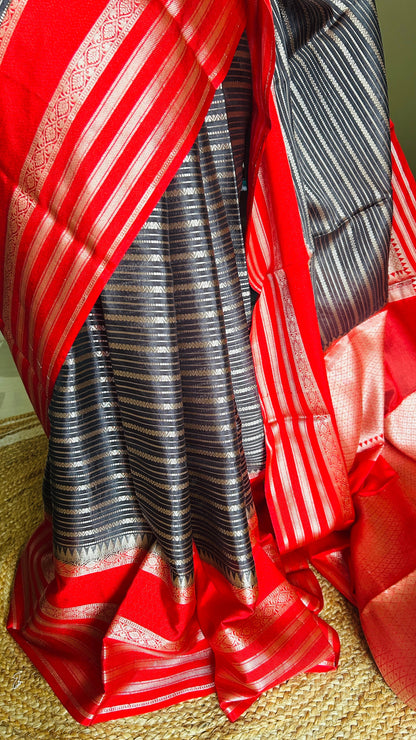 Aaradhya Dupion Silk Saree Black & Crimson BSA135 Niaura