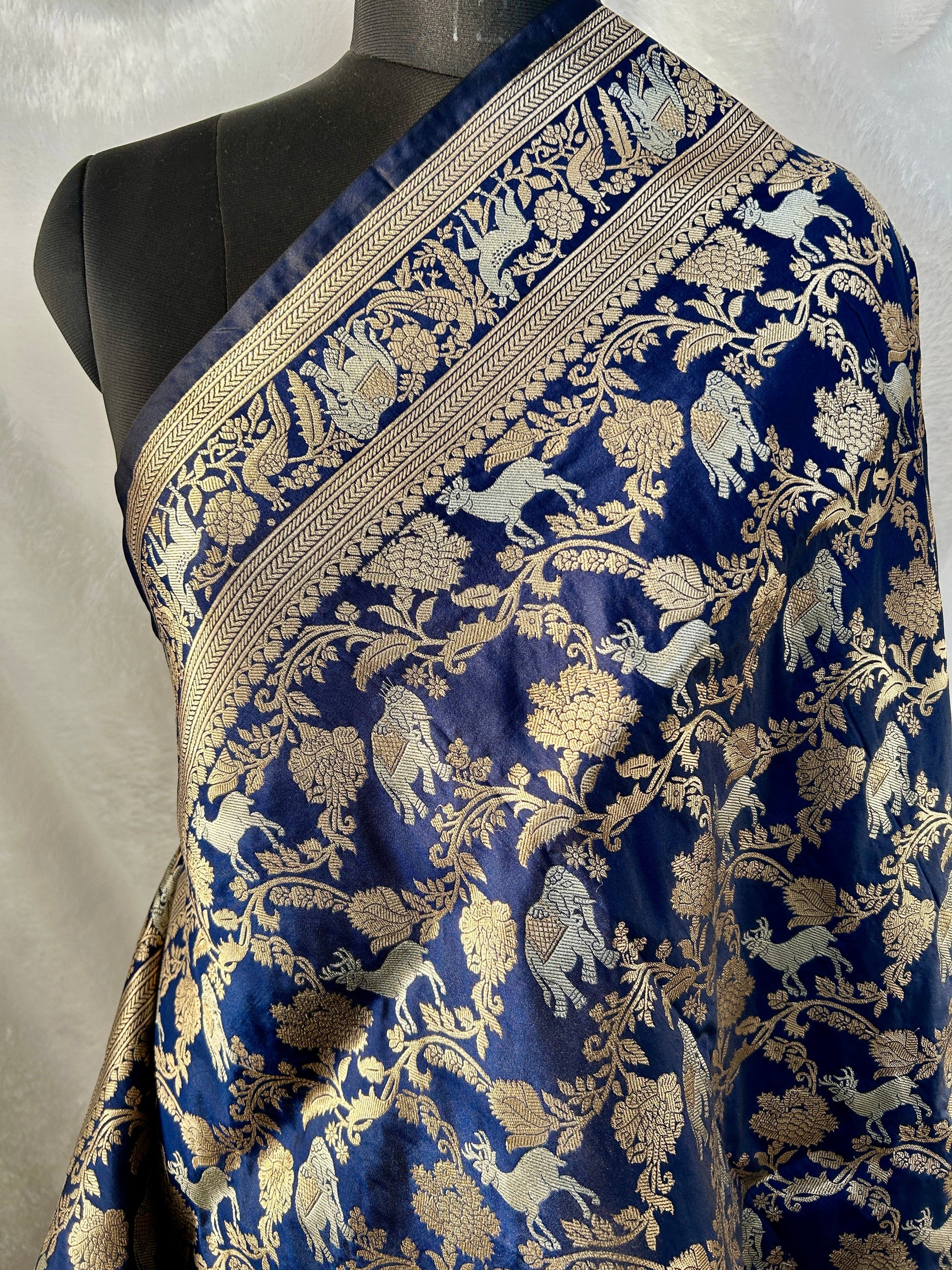 Blue animal design katan banarasi silk saree Niaura