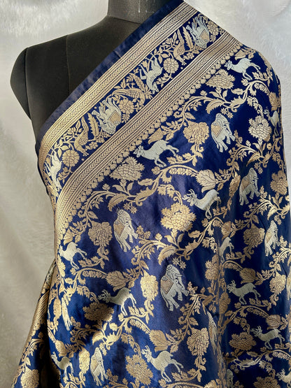 Blue animal design katan banarasi silk saree Niaura