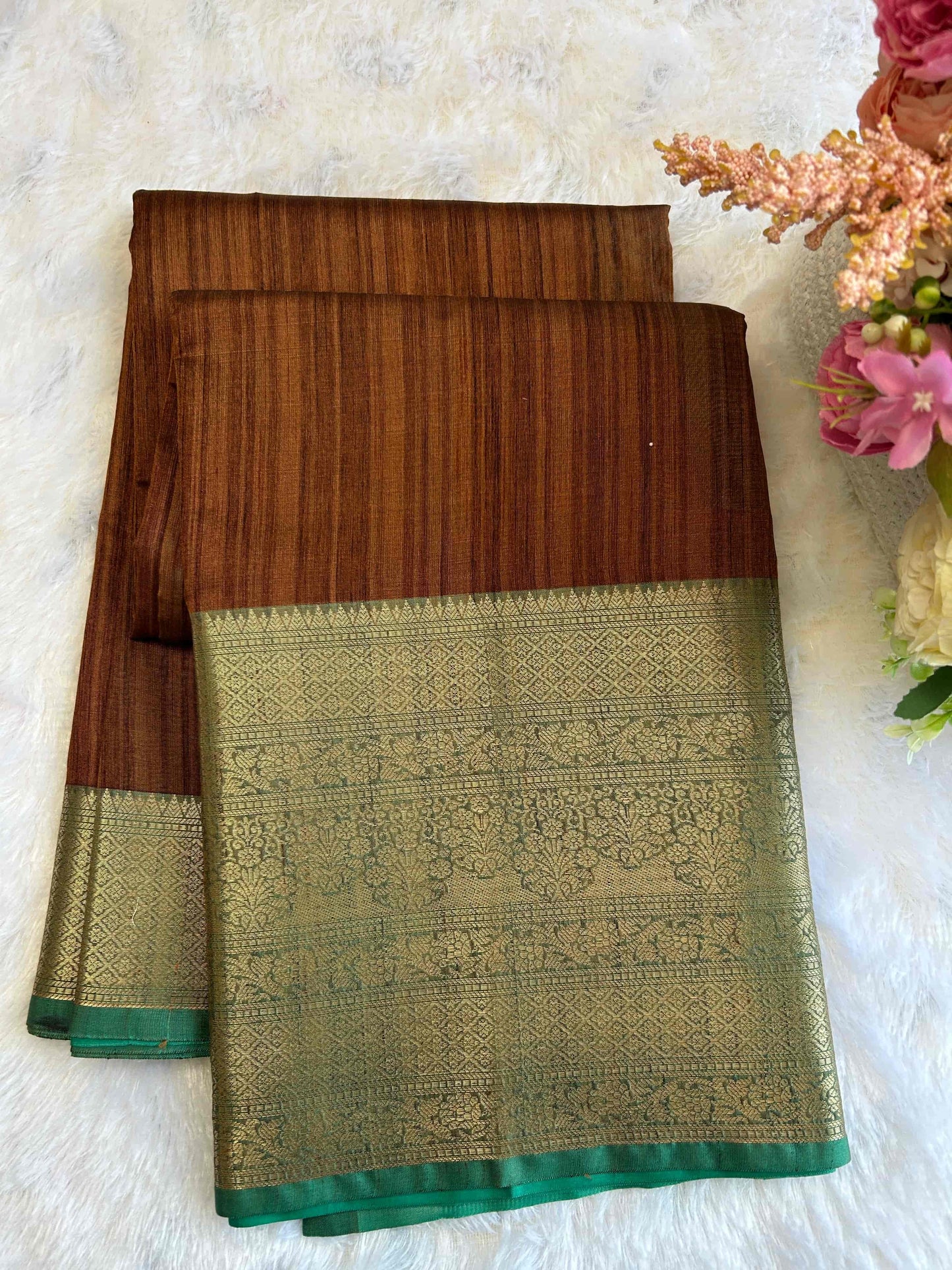 Brown and green tusser banarasi silk saree Niaura