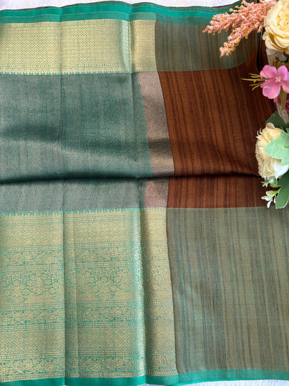 Brown and green tusser banarasi silk saree Niaura