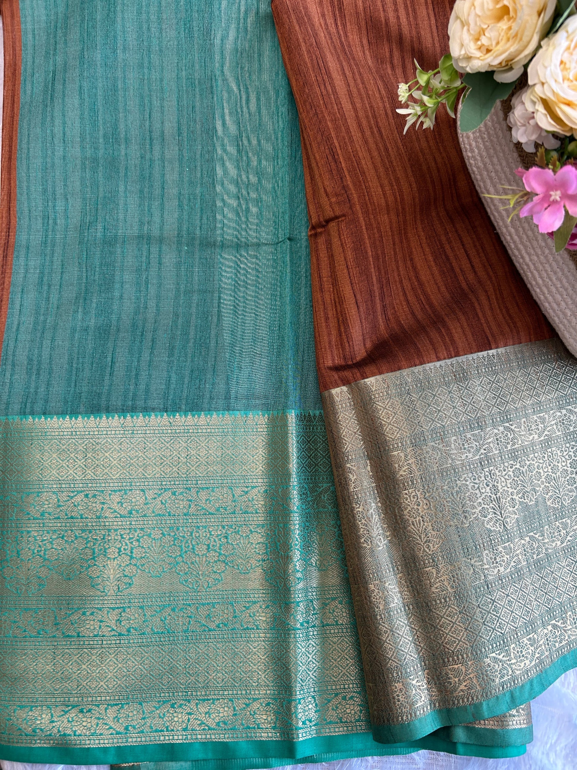 Brown and green tusser banarasi silk saree Niaura