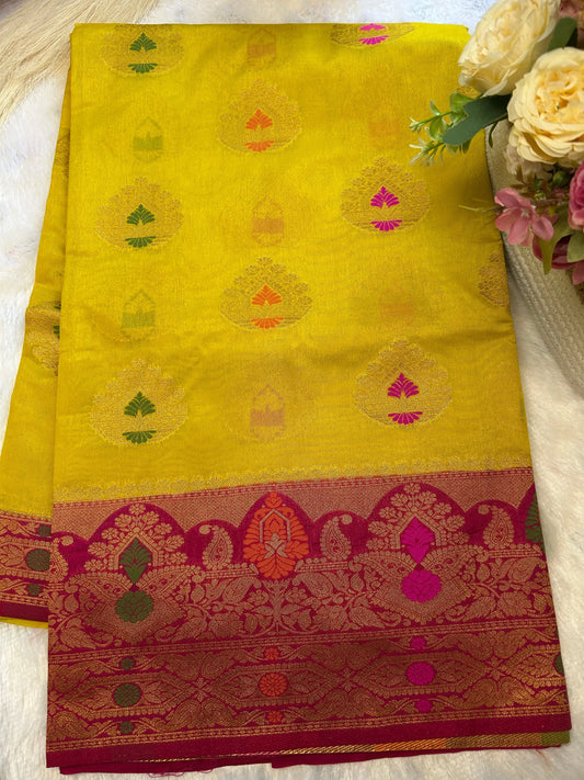 yellow and pink raw mango banarasi silk saree Niaura