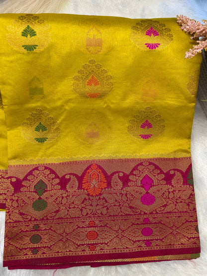 yellow and pink raw mango banarasi silk saree Niaura