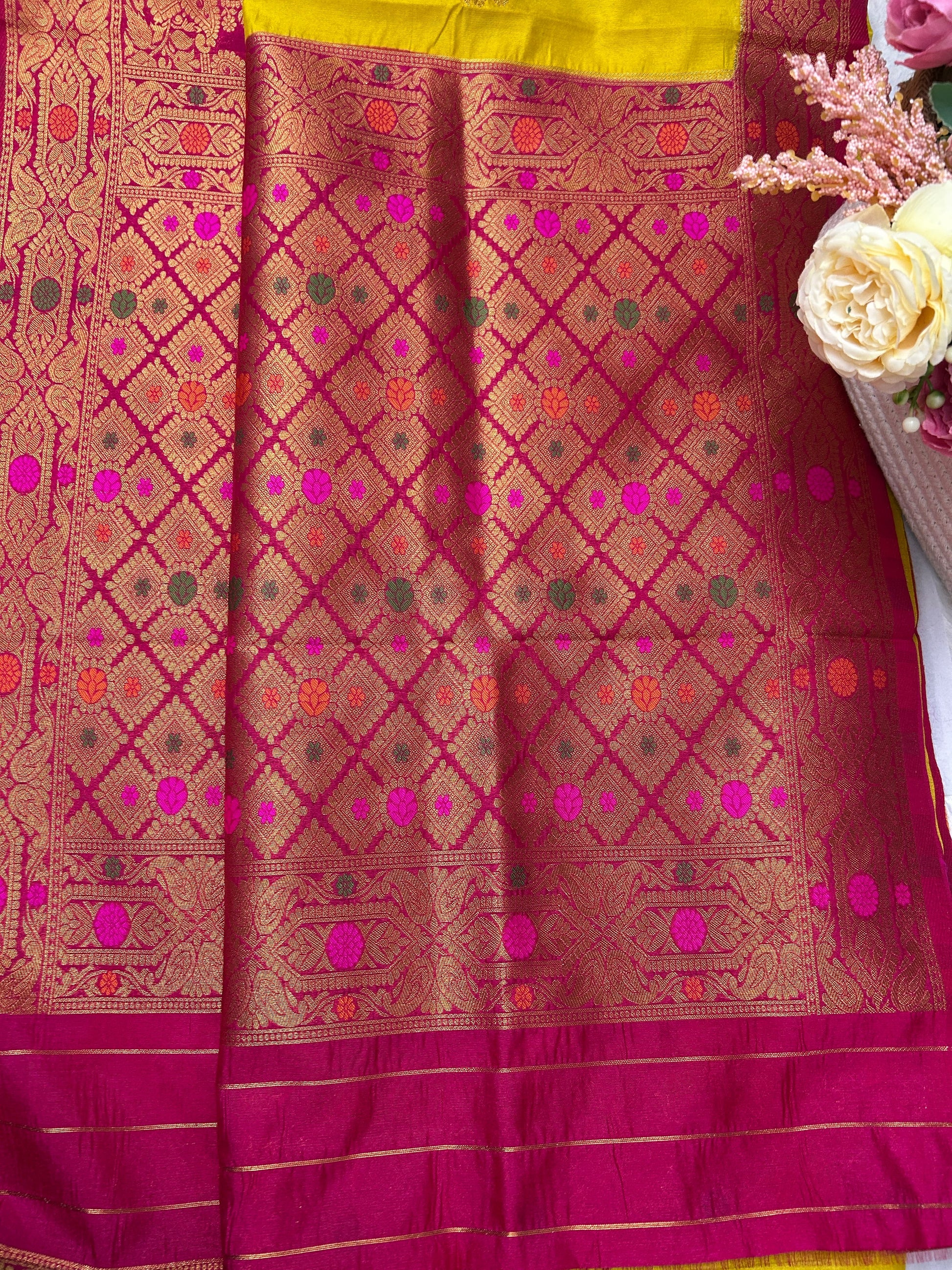 yellow and pink raw mango banarasi silk saree Niaura