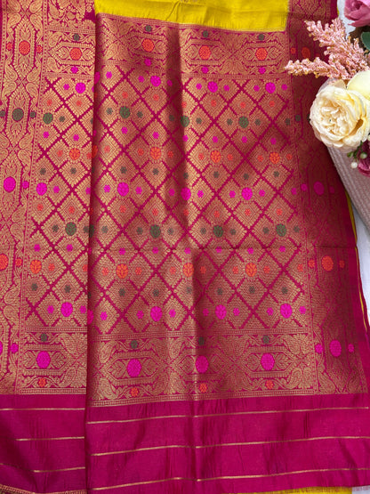 yellow and pink raw mango banarasi silk saree Niaura