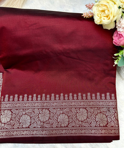 Maroon silver zari katan banarasi silk saree Niaura