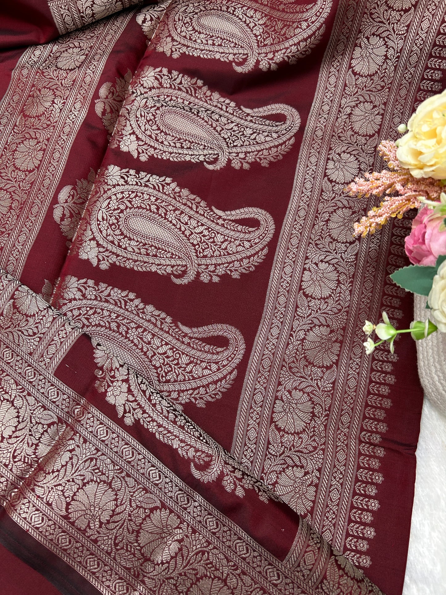 Maroon silver zari katan banarasi silk saree Niaura