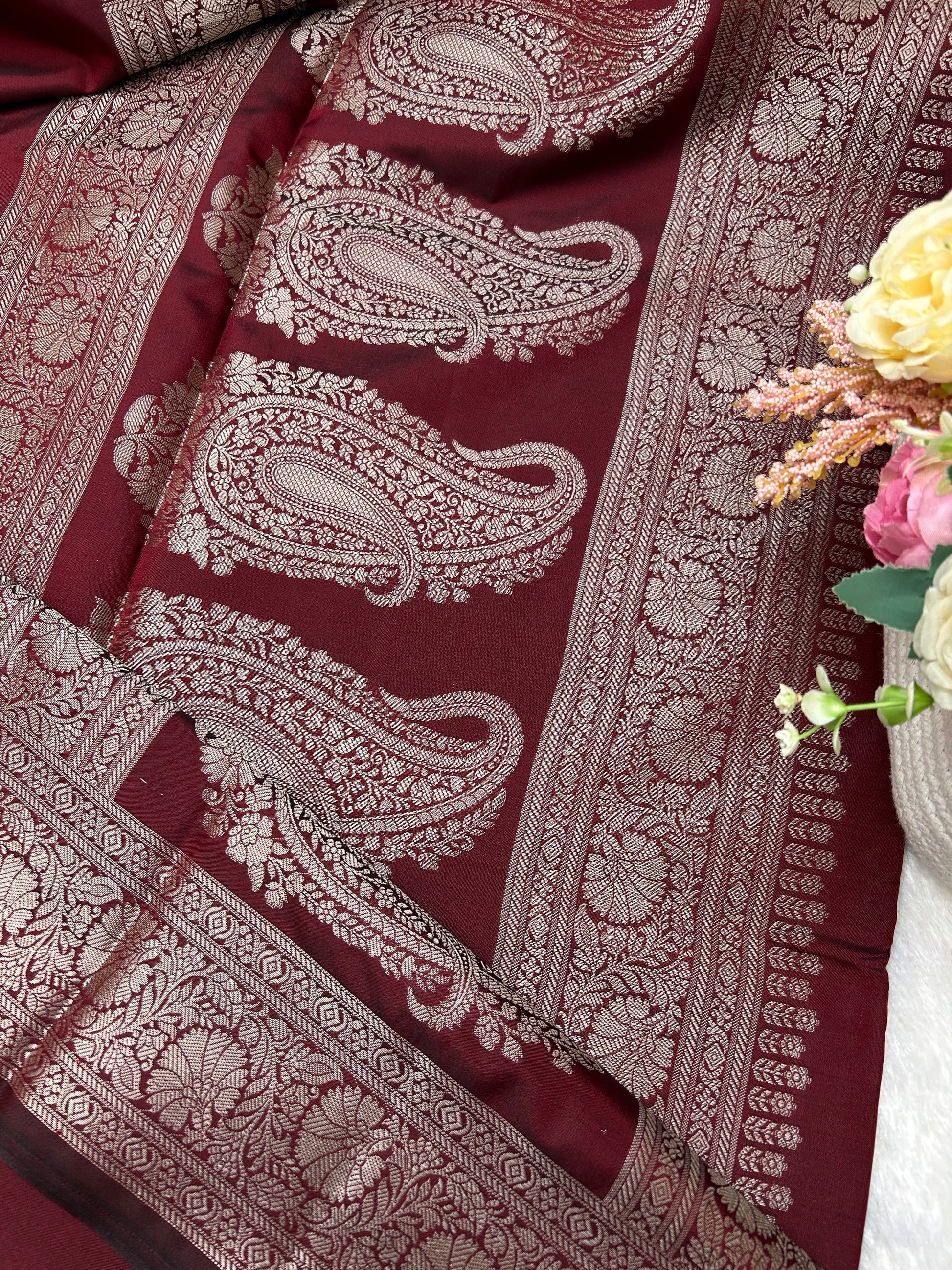 Maroon silver zari katan banarasi silk saree Niaura