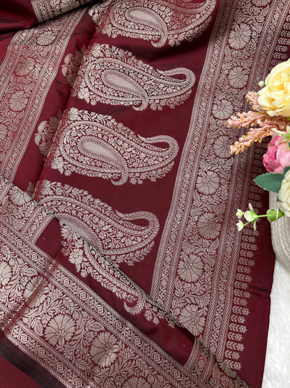 Maroon silver zari katan banarasi silk saree Niaura