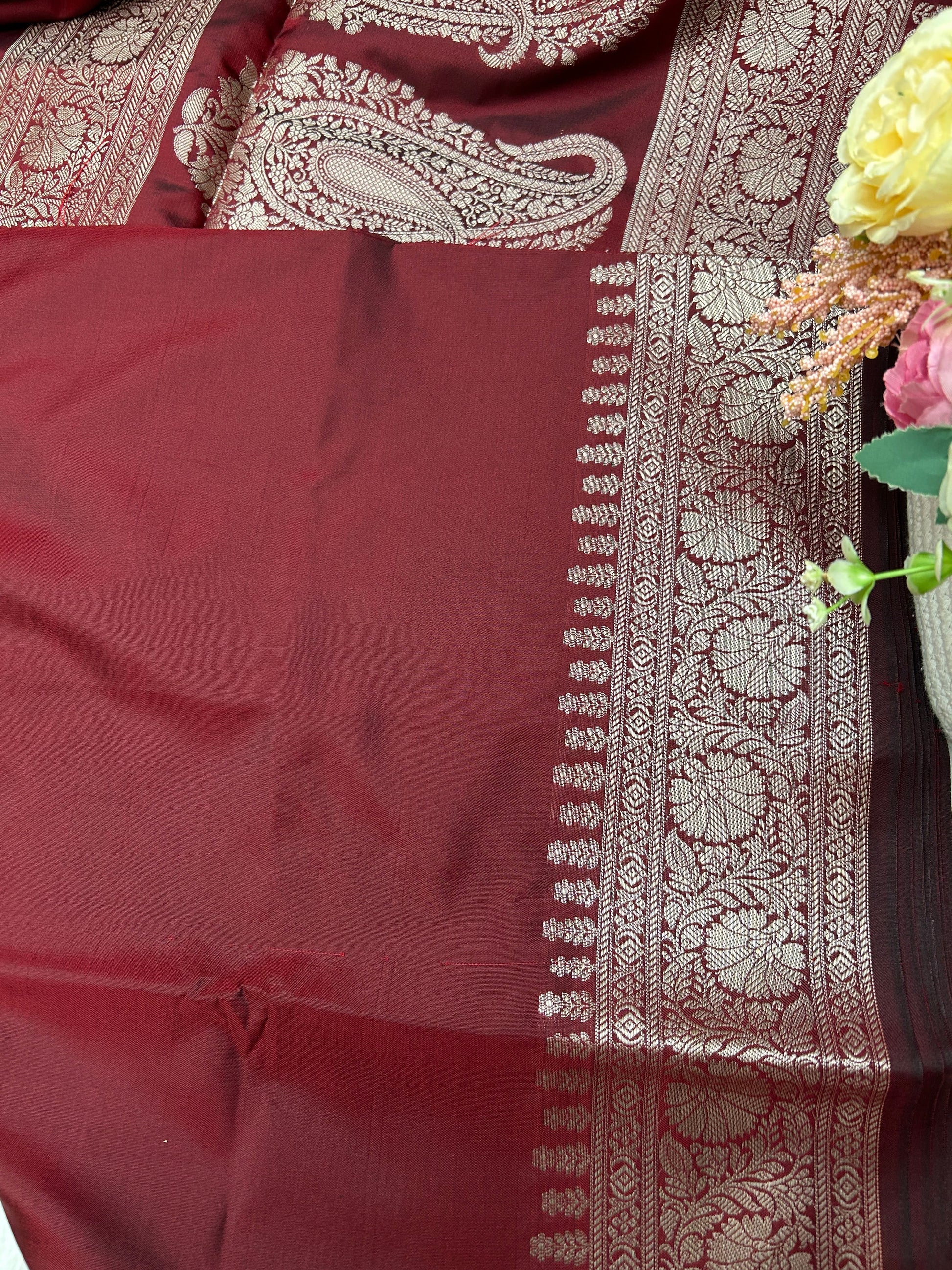 Maroon silver zari katan banarasi silk saree Niaura