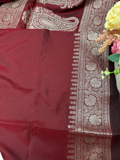 Maroon silver zari katan banarasi silk saree Niaura