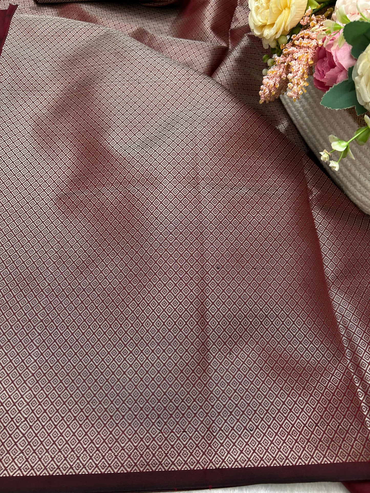 Maroon silver zari katan banarasi silk saree Niaura