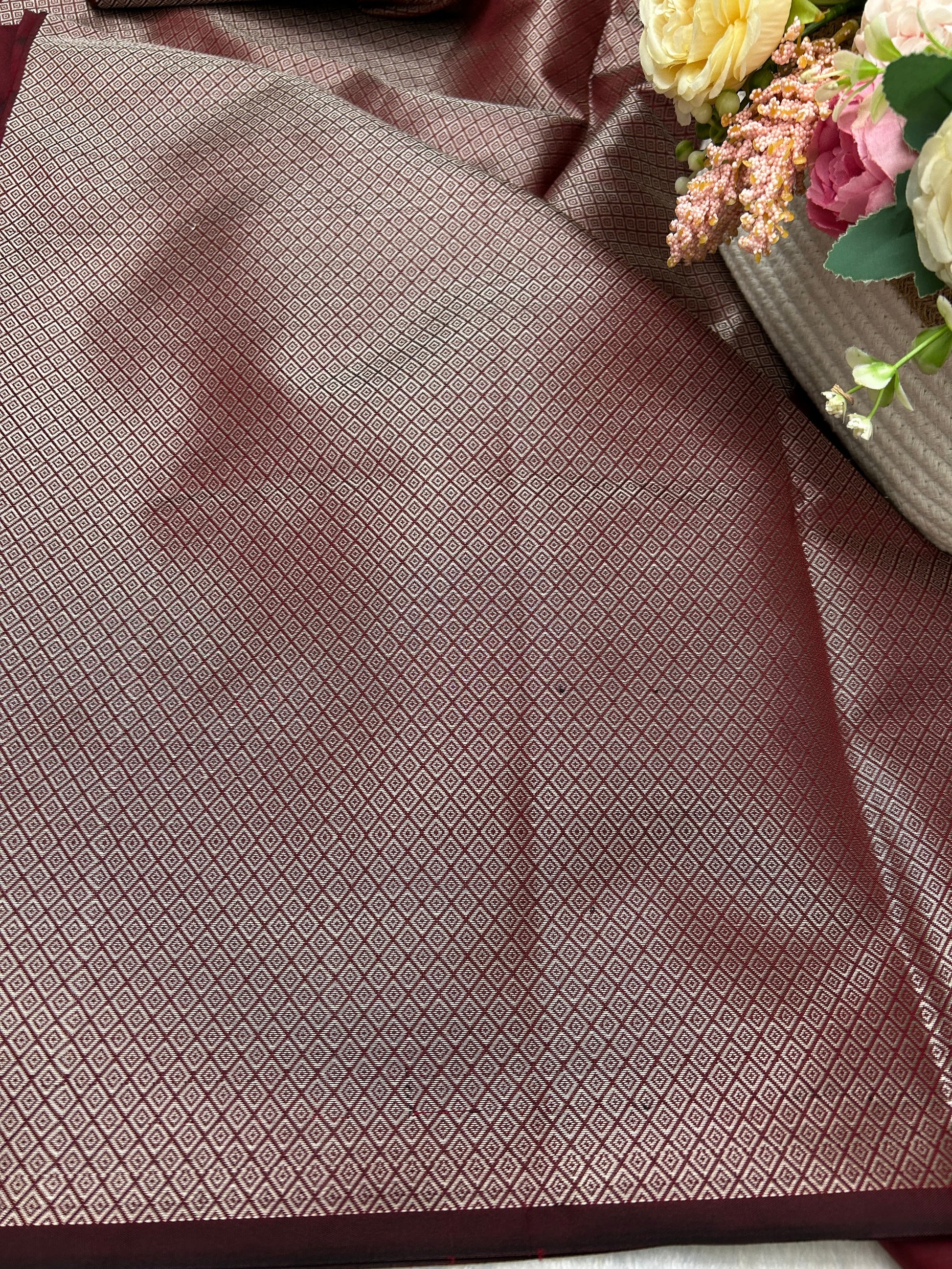 Maroon silver zari katan banarasi silk saree Niaura