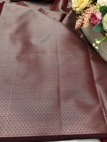 Maroon silver zari katan banarasi silk saree Niaura